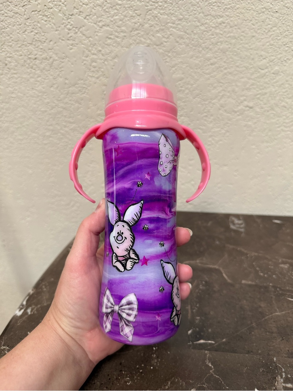 Purple Swirl Piglet Glitter Keep Cold 12 Oz Baby Bottle Personalized Handmade
